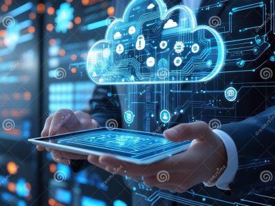 A Person Uses a Tablet To Interact with a Cloud-based System Stock Vector - Illustration of automation, cybersecurity_ 376842541